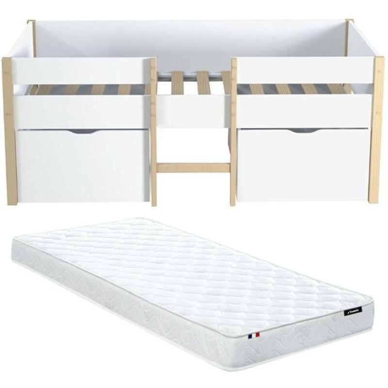 Vente-unique - Lit mi-hauteur sissy - 2 tiroirs - 90 x 190 cm - Blanc et chêne + matelas