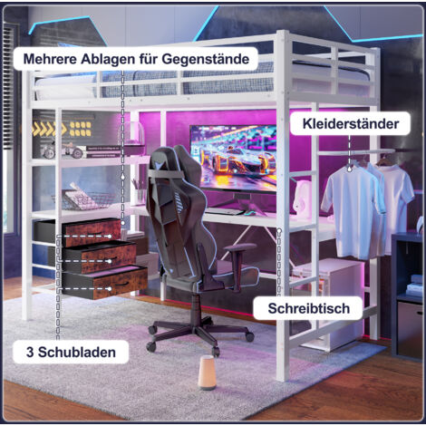 Lit minuit,90200cm,avec lumières LED,bureau,prise + USB,3 tiroirs,étagères,rampes,escaliers,sans matelas,blanc