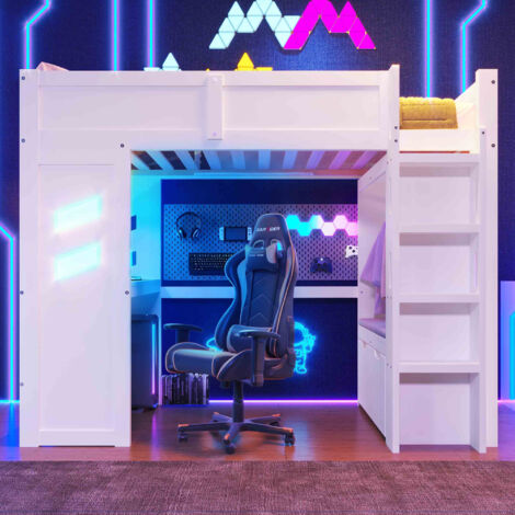 Lit minuit,90x200cm,lit de jeu avec bureau,avec lumières LED,1 port USB,1 équipé de type C,échelle,bureau,tiroir,séchoir,sans matelas,blanc