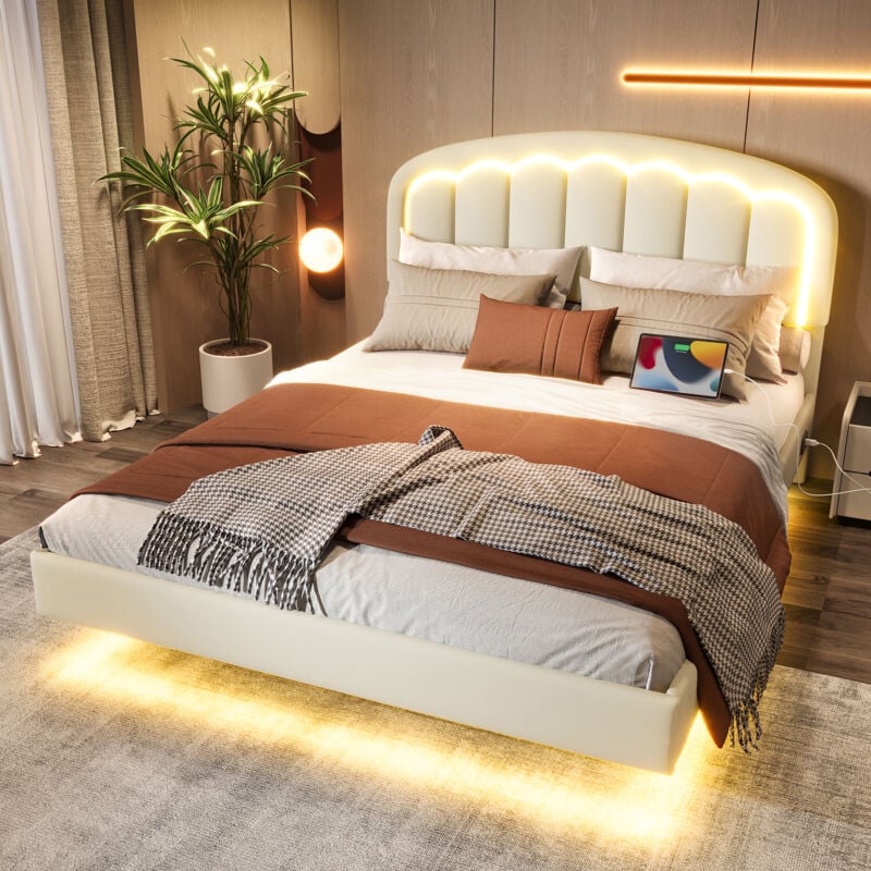 Okwish - Lit double 140 x 200 cm lit adulte suspendu avec tête de lit pétale, bande lumineuse led et rangement pratique sous le lit, en similicuir,