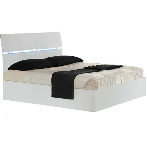 Lit moderne bois blanc laqué et tête de lit blanche laquée avec led Mona-140x190