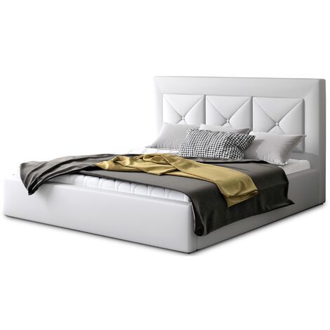 Lit moderne en simili cuir CLARIN - Avec ou sans rangement-Blanc-180x200-Version sommier et coffre