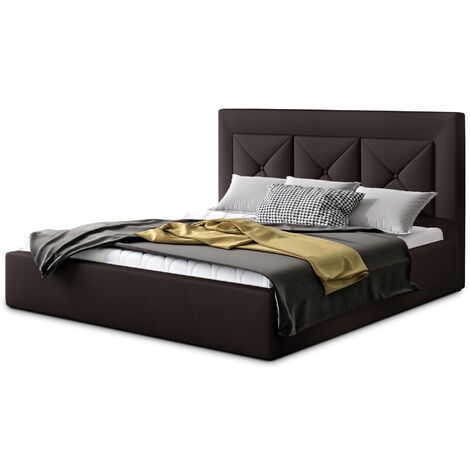 Lit moderne en simili cuir CLARIN - Avec ou sans rangement-Marron-160x200-Version sommier et coffre