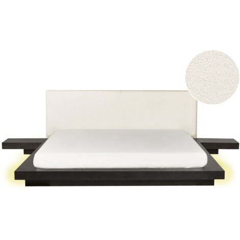 Lit Moderne Futon Double 180 x 200 cm avec Tables d'Appoint Tête de Lit à LED Bouclé MDF Bois de Frêne Foncé Zen