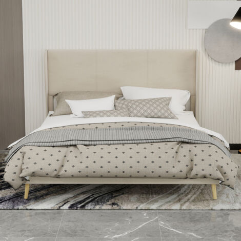 Lit moderne minimaliste capitonné avec tête de lit en peluche, 160x200 cm, beige, meuble de chambre multifonctionnel, sommier bas sans rangement (sans vérin à gaz), matelas non inclus.