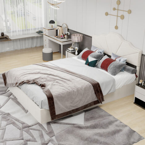 Lit moderne minimaliste et moelleux, tête de lit confortable et douce, 140200CM, beige, meuble de chambre multifonctionnel, cadre de lit coffre haut avec vérin hydraulique, matelas non inclus.