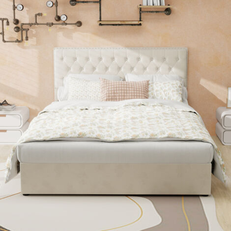 Lit moderne minimaliste et moelleux, tête de lit confortable et douce, 140200CM, beige, meuble de chambre multifonctionnel, sommier coffre haut avec tige pneumatique, matelas non inclus.