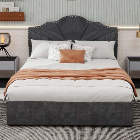 Lit moderne minimaliste et moelleux, tête de lit confortable et douce, 160200CM, gris, meuble de chambre multifonctionnel, sommier coffre haut avec tige pneumatique, matelas non inclus.
