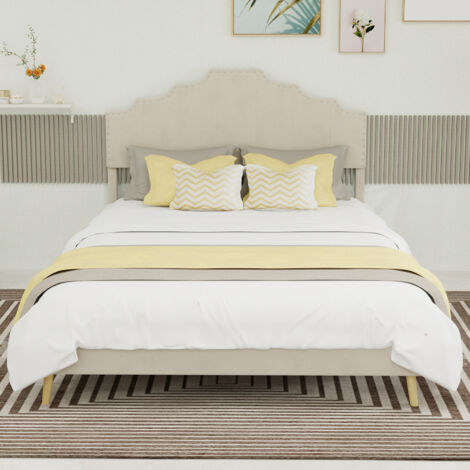 Lit moderne minimaliste moelleux 140×200cm beige,tête de lit souple,cadre bas sans tige de levage,mobilier chambre sans matelas
