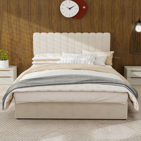 Lit moderne minimaliste rembourré 140×200 cm beige,tête douce,base rangement haute à levage au gaz,matelas non inclus
