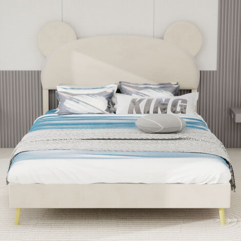 Lit moderne minimaliste rembourré 140×200cm beige,tête de lit cartoon moelleuse,base basse sans rangement,lit double sans matelas