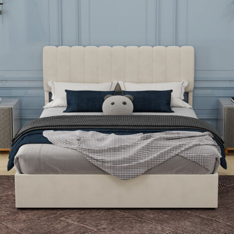 Lit moderne minimaliste rembourré, 160x200 cm, beige, meuble de chambre multifonction avec tête de lit douce et confortable, sommier de rangement haut surélevé à vérin, matelas non inclus.