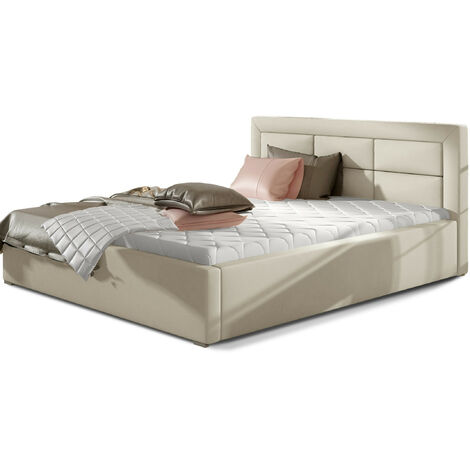 Lit moderne simili cuir capitonné RIZARO - Avec ou sans rangement-Crème-160x200-Version avec sommier