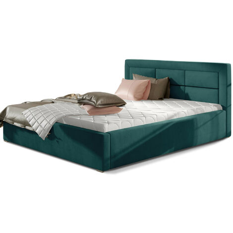 Lit moderne velours capitonné RIZARO - Avec ou sans rangement-Bleu canard-160x200-Version avec sommier