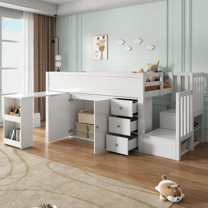 Modfu - Lit modulable, lit mezzanine avec armoires et tiroirs, mdf, lit enfant avec bureau, lit simple sans matelas, blanc