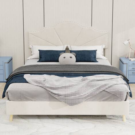 Lit moelleux minimaliste moderne, tête de lit confortable et douce, 140x200 cm, beige, meuble de chambre multifonction, sommier bas sans barre de levage, matelas non inclus