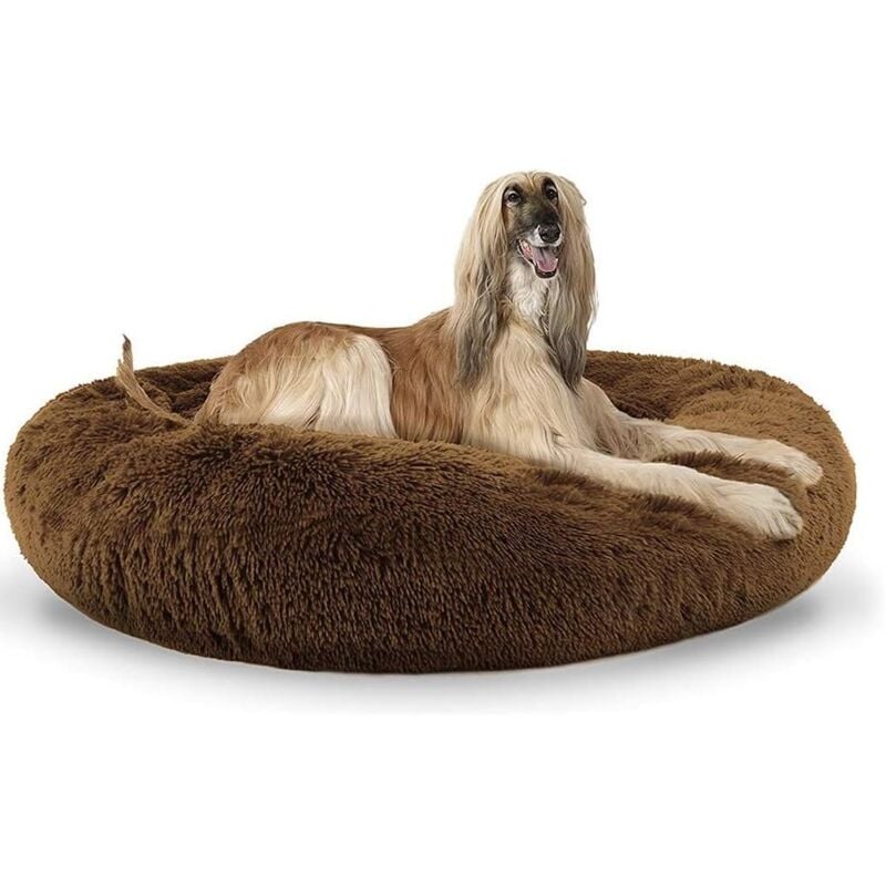Lit Moelleux Rond Pour Chat Et Chien Extra Large Lavable Avec Coussin Corbeille et panier pour chien 100x100cm Brun