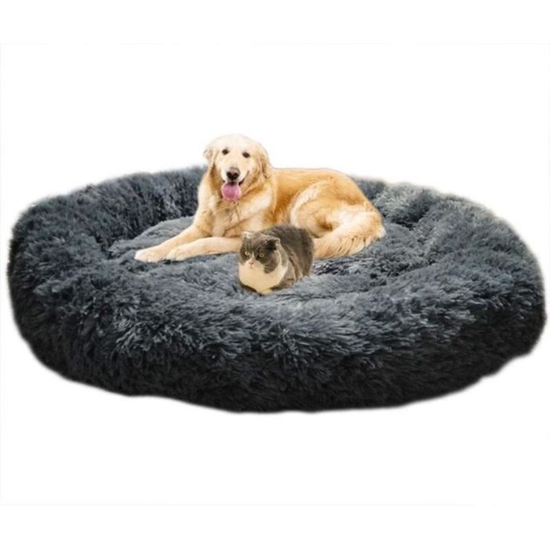 Lit Moelleux Rond Pour Chat Et Chien Extra Large Lavable Avec Coussin Corbeille et panier pour chien 100x100cm Gris