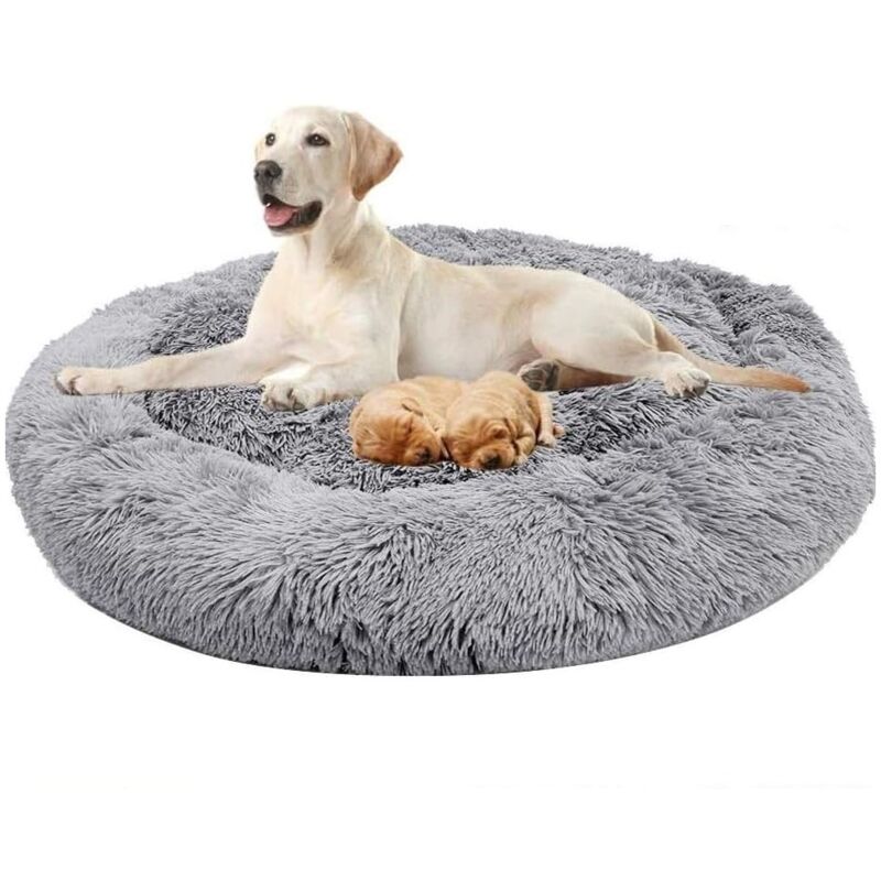 Lit Moelleux Rond Pour Chat Et Chien Extra Large Lavable Avec Coussin Corbeille et panier pour chien 100x100cm Gris clair