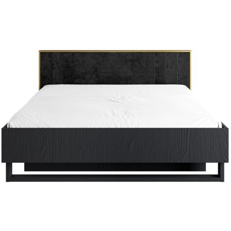 Lit MONDO – 160x200 cm – Noir structuré et doré – Pieds métal design – Sans sommier