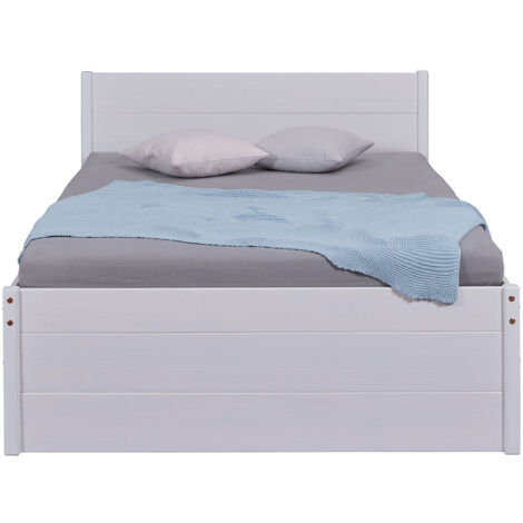 Lit multi-rangements 140x200cm en pin massif coloris blanc - longueur 209 x profondeur 146 x hauteur 90 cm