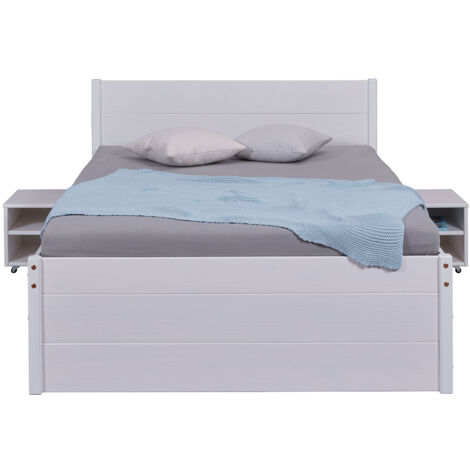 Lit multi-rangements 160x200cm en pin massif coloris blanc - longueur 209 x profondeur 166 x hauteur 90 cm