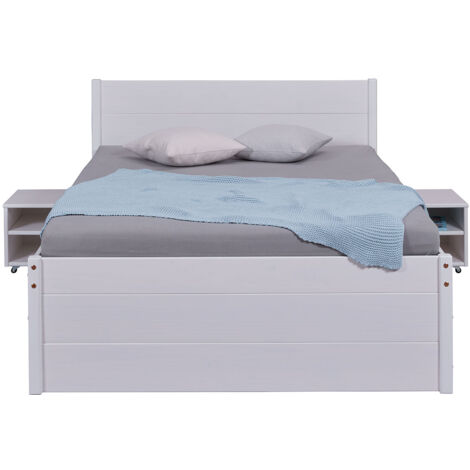 Lit multi-rangements 180x200cm en pin massif coloris blanc - longueur 209 x profondeur 186 x hauteur 90 cm