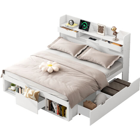Lit multifonctionnel,140x190 cm, Lit double, avec port USB, tiroirs et armoire de rangement, blanc