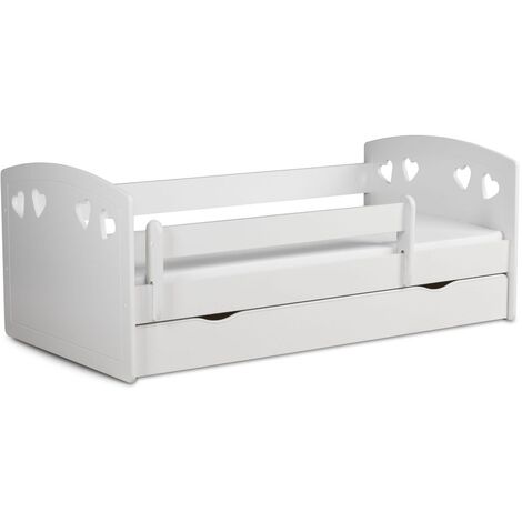 Lit orné de cœurs avec barrière de sécurité amovible blanc Myra-Matelas mousse-80x180-Tiroirs Avec tiroir