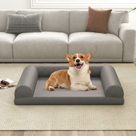 Lit Orthopédique pour Chiens Moyens et Petits Lit pour Chien en Mousse à Œufs avec Renforts sur 3 Côtés Housse de Lit Amovible Gris