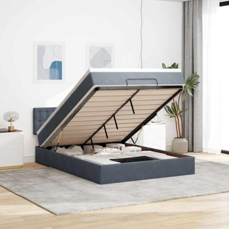 Lit ottoman avec cadre et matelas velours gris foncé 140x200cm, mécanisme hydraulique et rangement