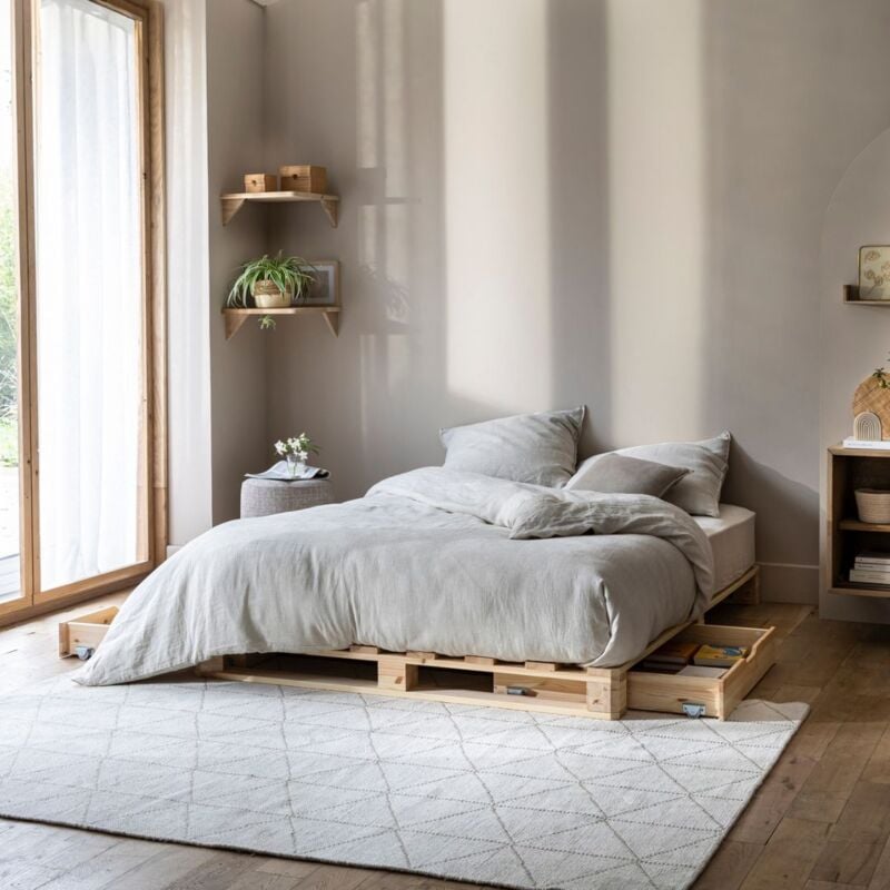 Terre De Nuit - Lit palette adulte en pin massif naturel avec tiroirs 140x190 - LT84003