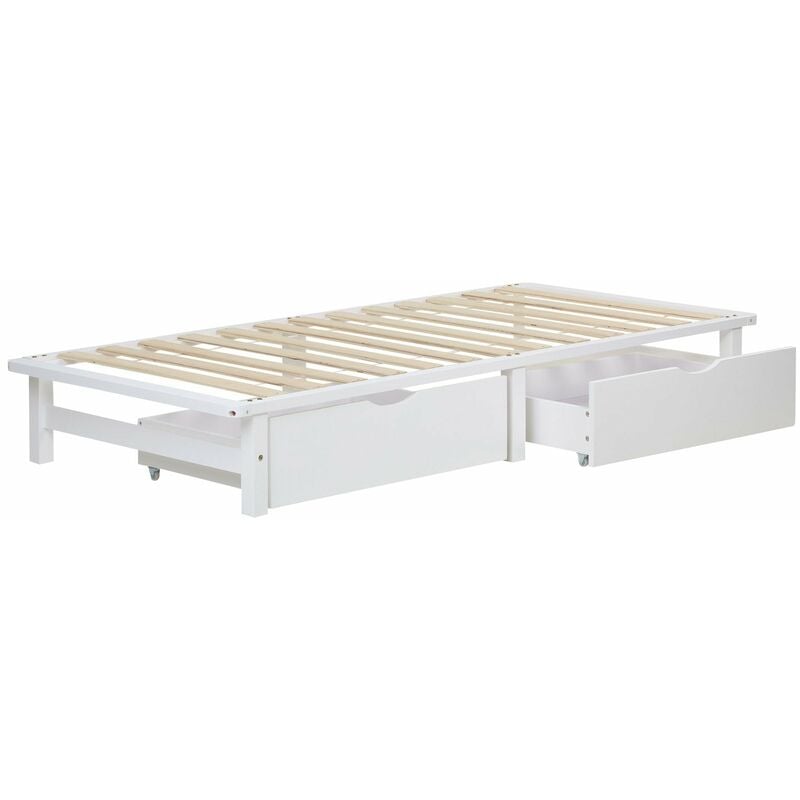 décoshop26 - lit palette en bois massif blanc 90x200 cm avec tiroirs de rangement et sommier à lattes - blante