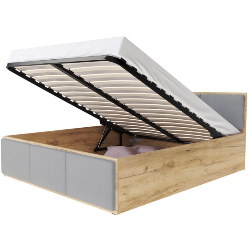 Kids Literie - Lit Panama t 120x200 + coffre - Sommier inclus Chêne - gris clair