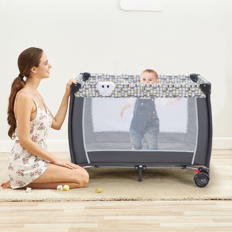 Lit Parapluie Bébé Pliant 4 en 1 avec Matelas Filet Amovible Réglable Table à Langer Sac de Transport Roues Verrouillables