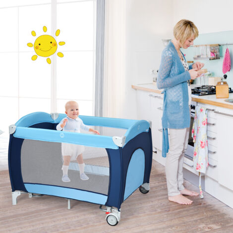 Lit parapluie pour bébé 0-36 mois Lit bébé pliant à roulettes avec accessoires sac de transport 120 x 60 x 76 cm Bleu