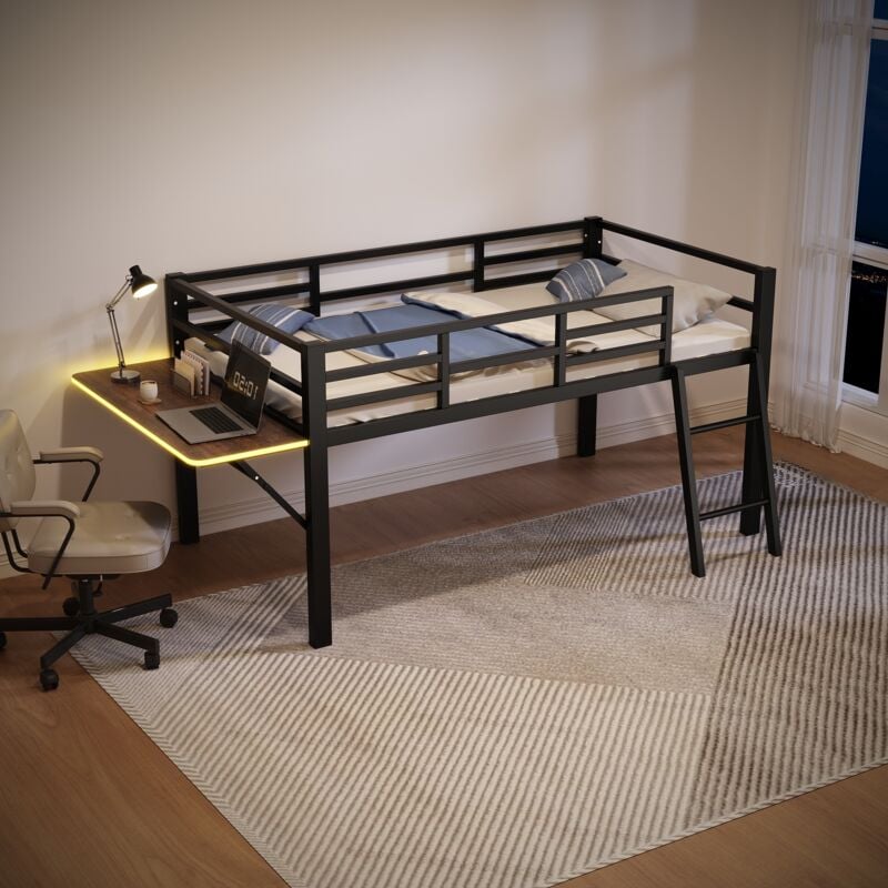 Lit plat, 90 x 200 cm, lit en métal, sans matelas, balustrade, échelle, bureau, bande lumineuse led télécommandée, noir