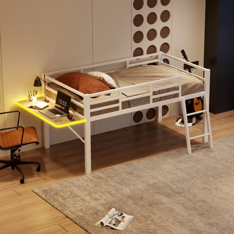 Lit plat 90 x 200 cm, lit en métal, sans matelas, balustrade, échelle, bureau, bande lumineuse led télécommandée, blanc