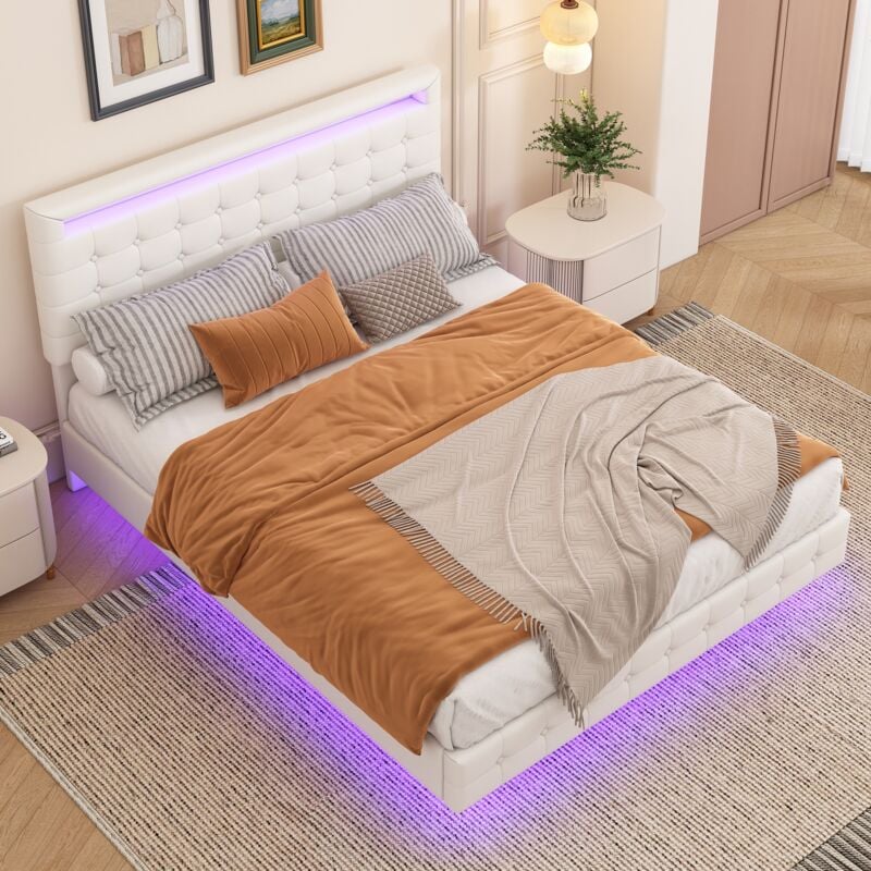 Okwish - Lit plat 140x200 cm lit double rembourré, lit adulte avec éclairage led, tête de lit réglable à 3 niveaux, en pu blanc, sans matelas