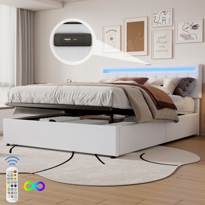 Redom - Lit double 160x200 cm, lit coffre avec télécommande 24 touches, usb et Type-C, lin, sans matelas, blanc