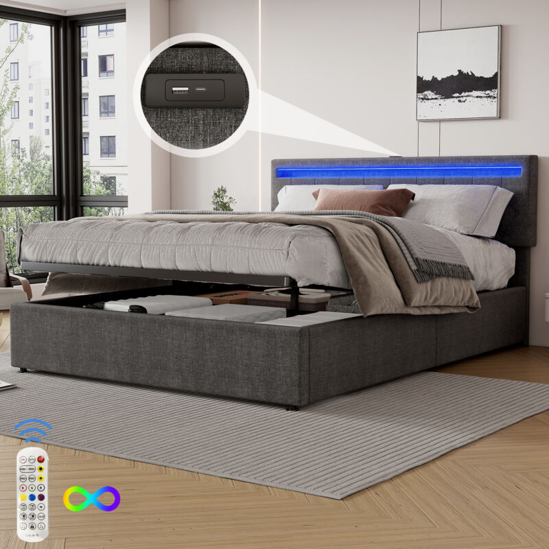Redom - Lit double 160x200 cm, lit coffre avec télécommande 24 touches, usb et Type-C, lin, sans matelas, gris