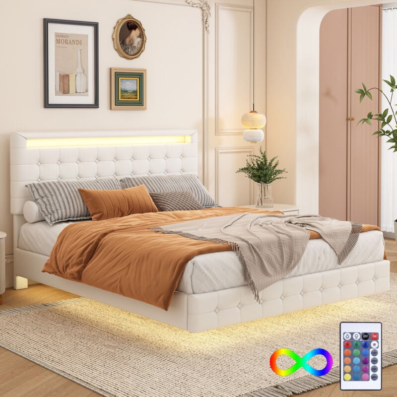 Lit plat 140 x 200 cm, lumière ambiante led, télécommande 24 touches, suspension, matériau pu, réglage de la hauteur de la tête de lit en trois