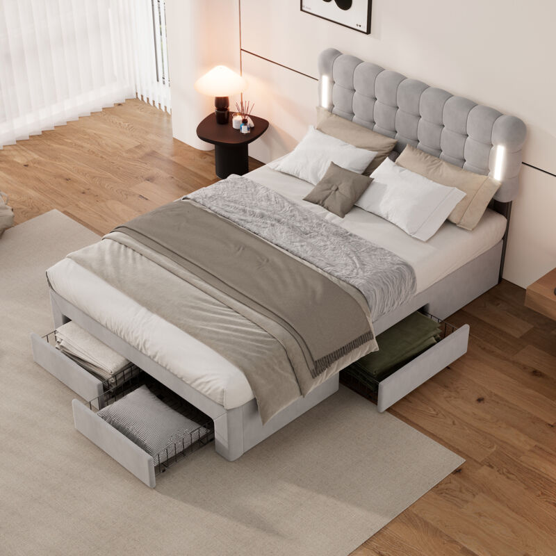 Okwish - Lit adulte 140x200 cm lit capitonné avec éclairage des deux côtés du lit, quatre tiroirs en bout de lit et grand espace de rangement, en