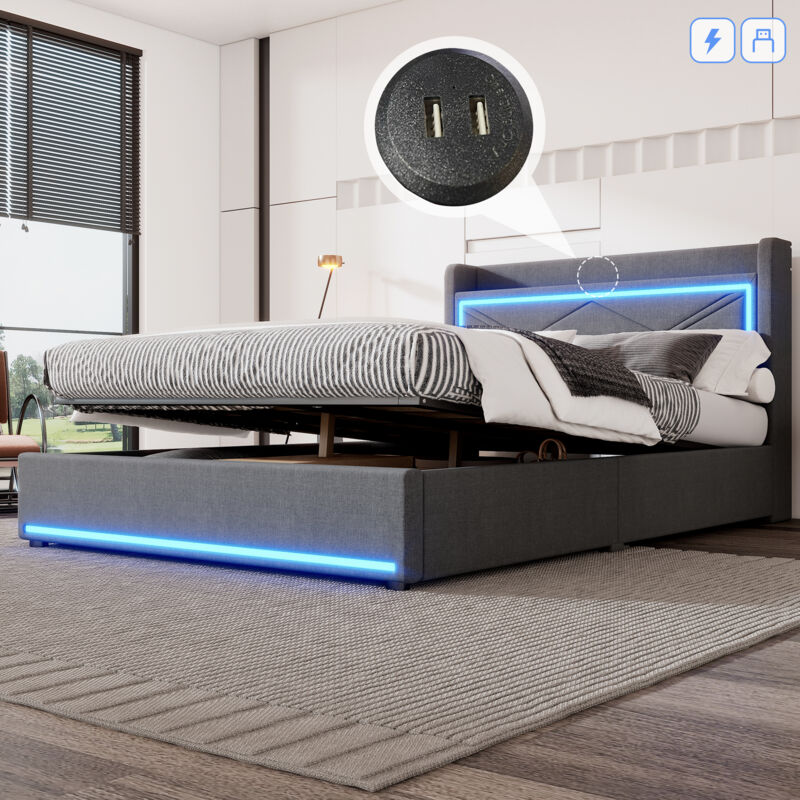 Redom - Lit coffre 140x200cm, lit double, led télécommande+port usb, lin, sans matelas, gris