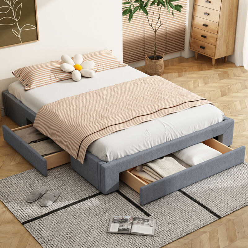 Redom - Lit plat 160200cm, trois compartiments de rangement, sans tête de lit, coloris gris