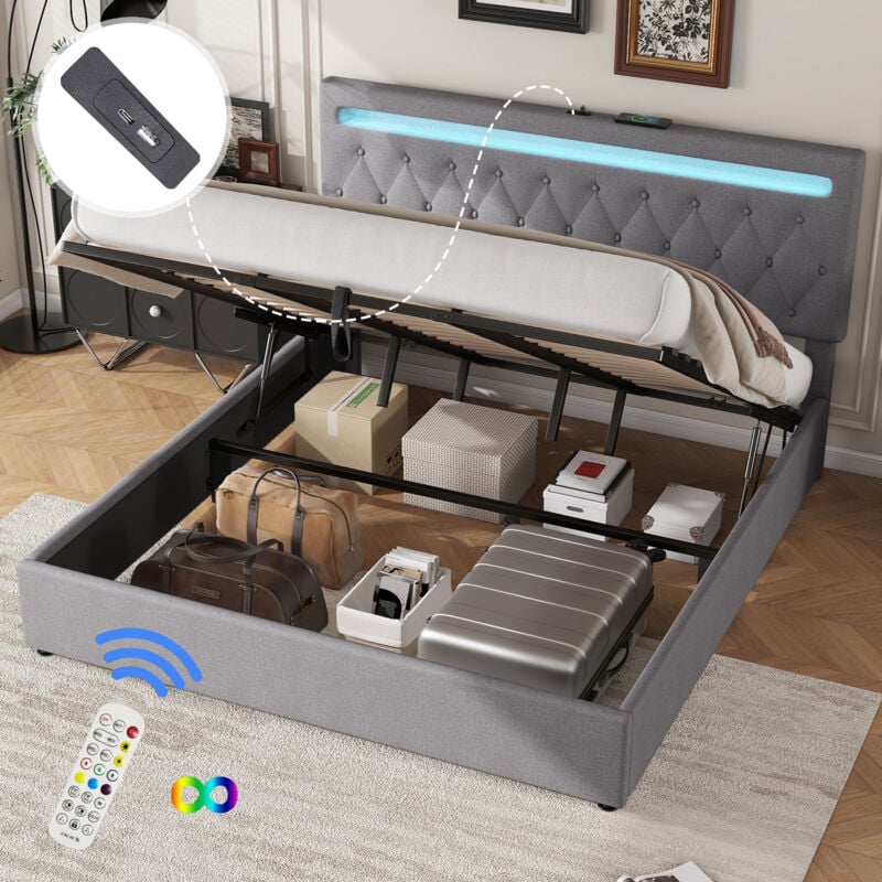 Okwish - Lit coffre 180x200 cm, lit double rembourré, lit adulte avec éclairage usb, prise usb et espace de rangement, tissu en lin gris, sans matelas