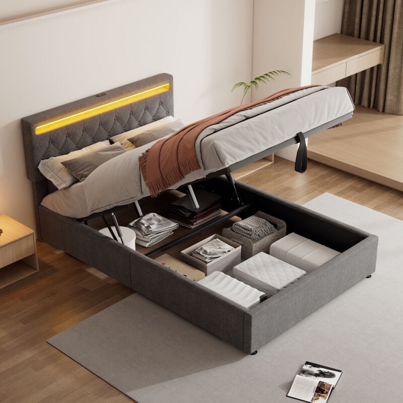 Okwish - Lit coffre 140x200 cm, lit double rembourré, lit adulte avec éclairage usb, prise usb et espace de rangement, tissu en lin gris, sans matelas