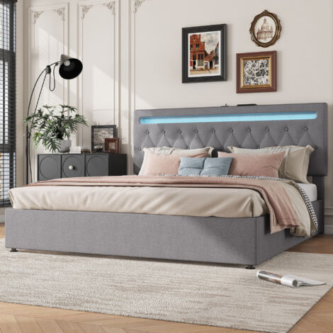 Lit plat 180x200cm, sommier rembourré avec vérin hydraulique, lumières LED changeant de couleur, prise USB, gris