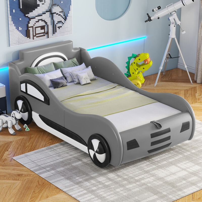 Okwish - Lit enfant 90x200 cm lit voiture avec sommier à lattes et espace de rangement sous le lit, en pu, gris, sans matelas
