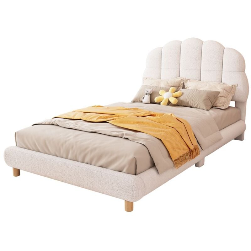 Gutent - Lit plat 90 x 200 cm, lit d'enfant, peluche, belle tête de lit, sans matelas-Blanc